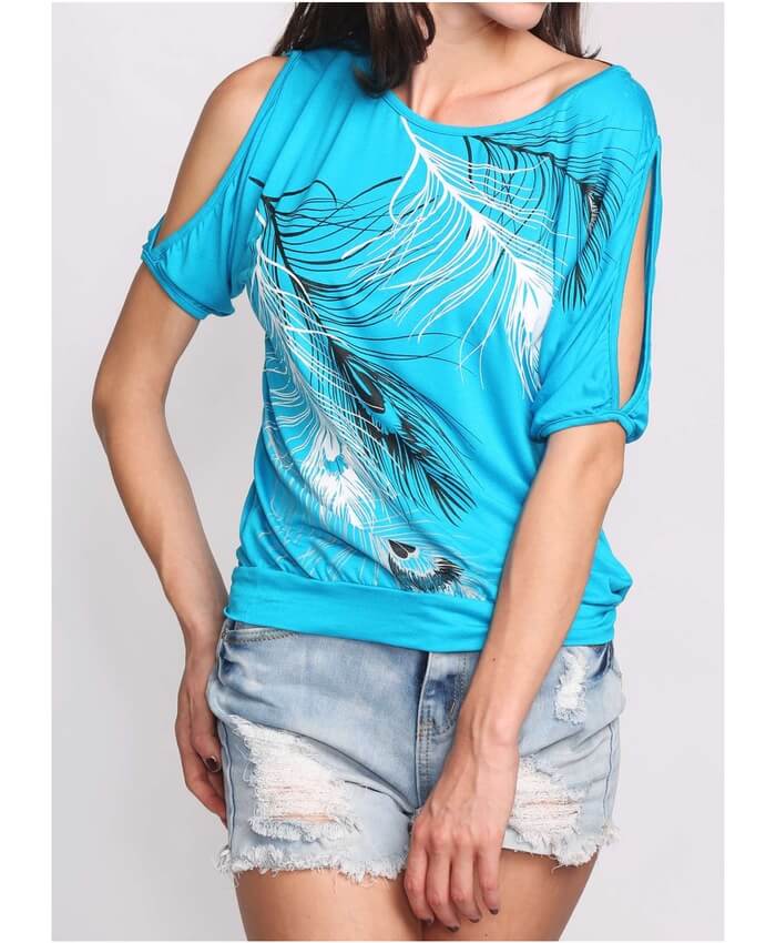 Cold Shoulder Feather Print Cyan T Shirt